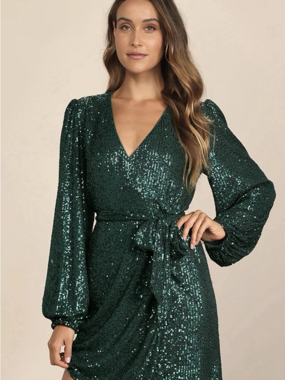 Lulus Sparkly Darling Emerald Green Sequin Long Sleeve Wrap Dress Size Medium